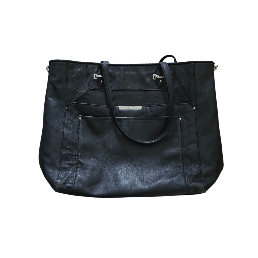 Coach Black Silver Leather Expandable Zipper Tote Bag